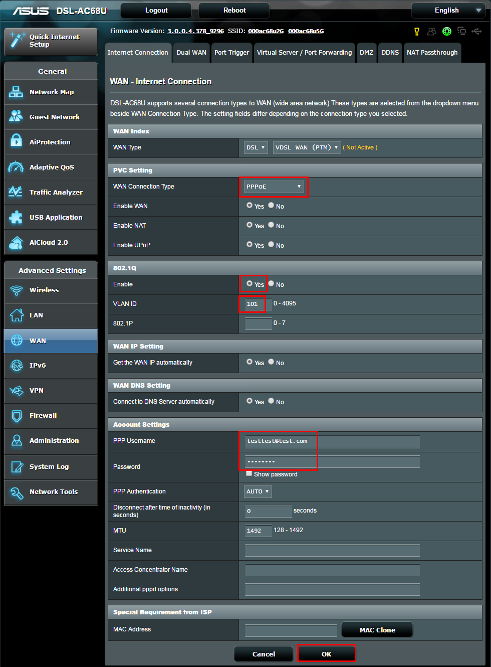 configuration ADSL Vodafone Asus DSL-AC68U