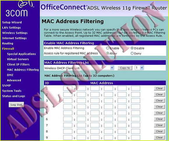 3Com Office Connect 3CRWE754G72-A Configurazione del Filtro Mac Address 3Com Office Connect 3CRWE754G72-A Configurazione del Filtro Mac Address