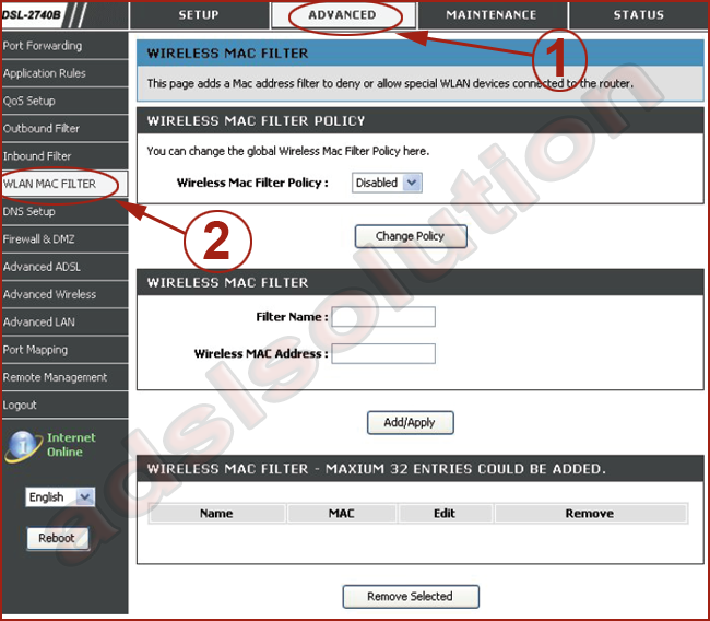 D-Link DSL-2740B E1 Mac Filter D-Link DSL-2740B E1 Mac Filter